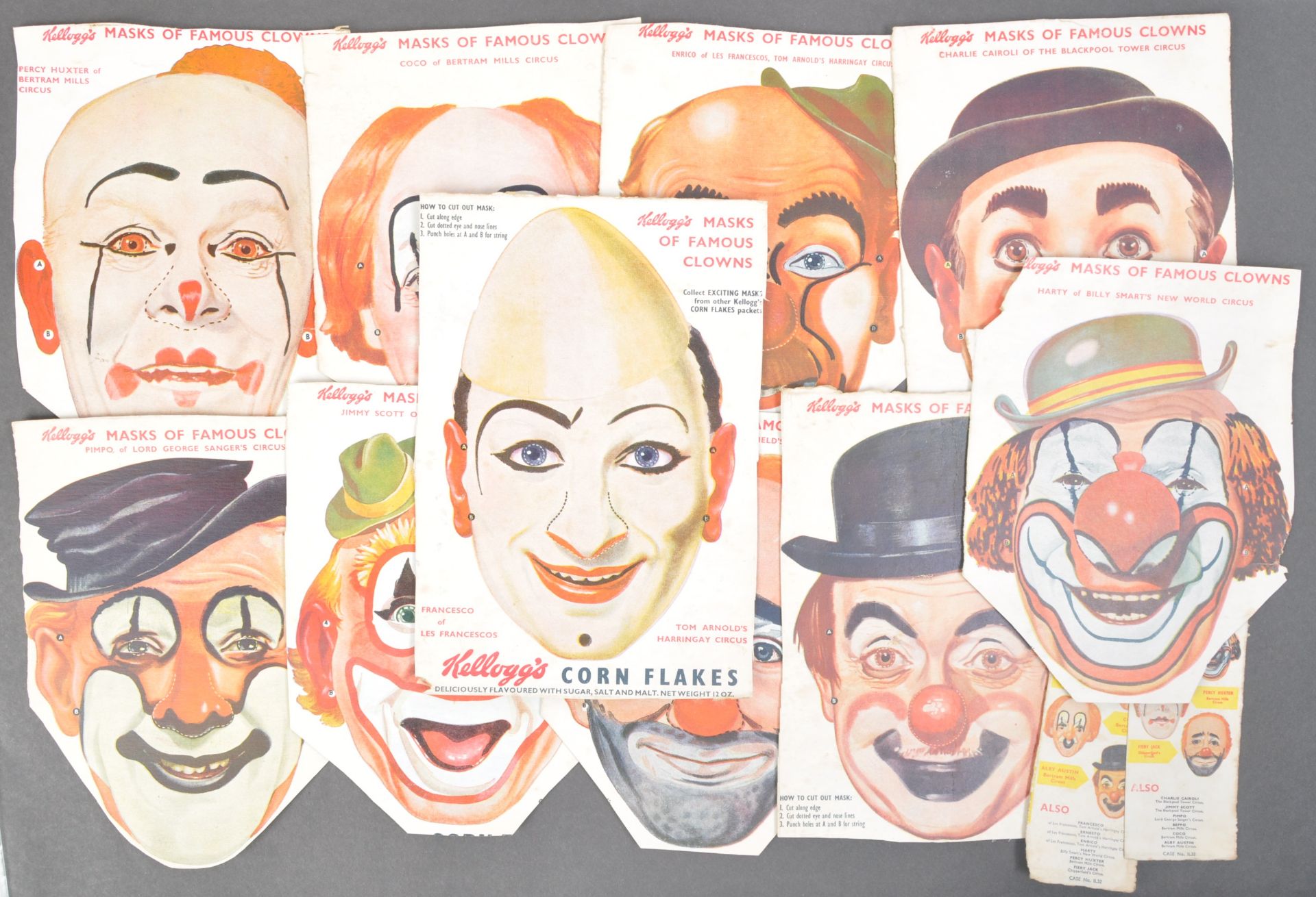 CLOWNS - SCARCE SET OF X10 KELLOGG'S CORNFLAKES CLOWN MASKS