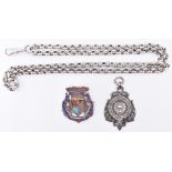 SILVER LONG CHAIN & TWO EDWARDIAN FOOTBALL MEDALS