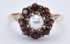 9CT GOLD PEARL & GARNET RING