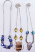 TWO SILVER STONE SET NECKLACES & BLUE GLASS NECKLACE