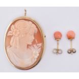 9CT GOLD CAMEO BROOCH & CORAL EARRINGS