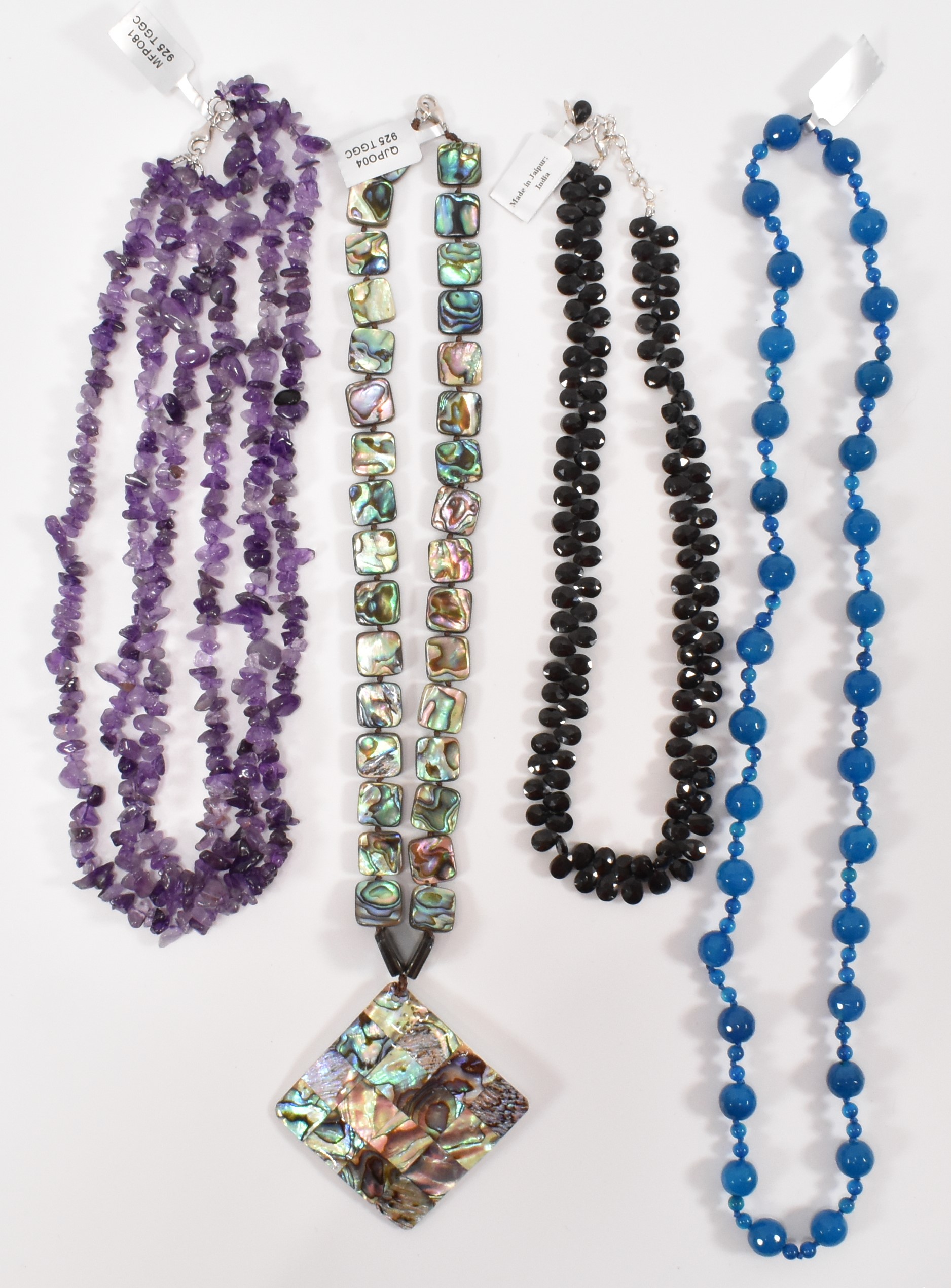 FOUR BEADED GEM NECKLACES