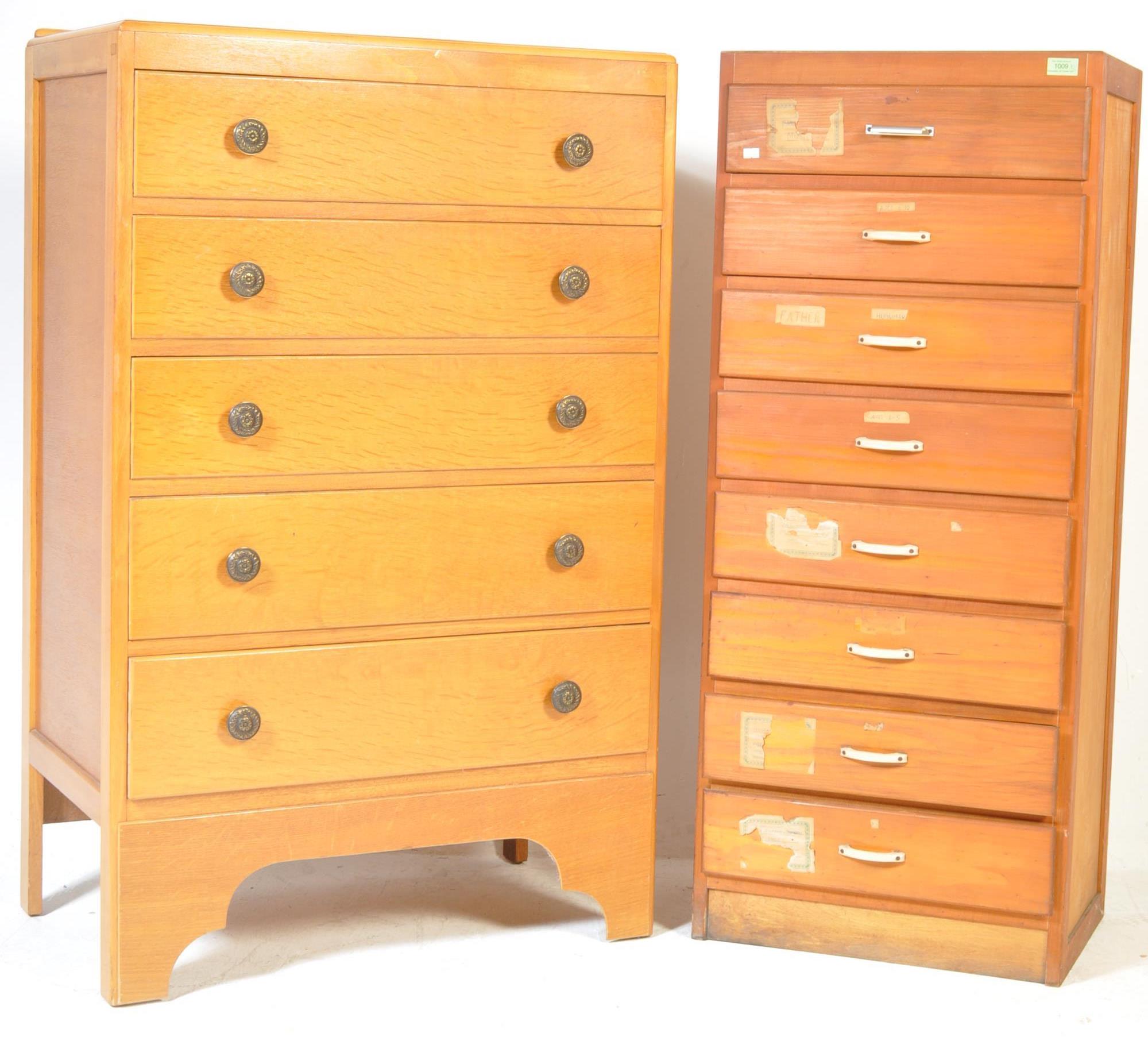 TWO MID CENTURY PANEL WOOD PEDESTAL CHEST OF DRAWERS