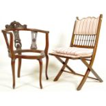 LATE 19TH CENTURY VICTORIAN MAHOGANY CORNER CHAIR AND A CHAMPAGNE FOLDING CHAIR