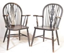 PAIR OF VICTORIAN 19TH CENTURY WINDSOR WHEELBACK CARVER CHAIRS