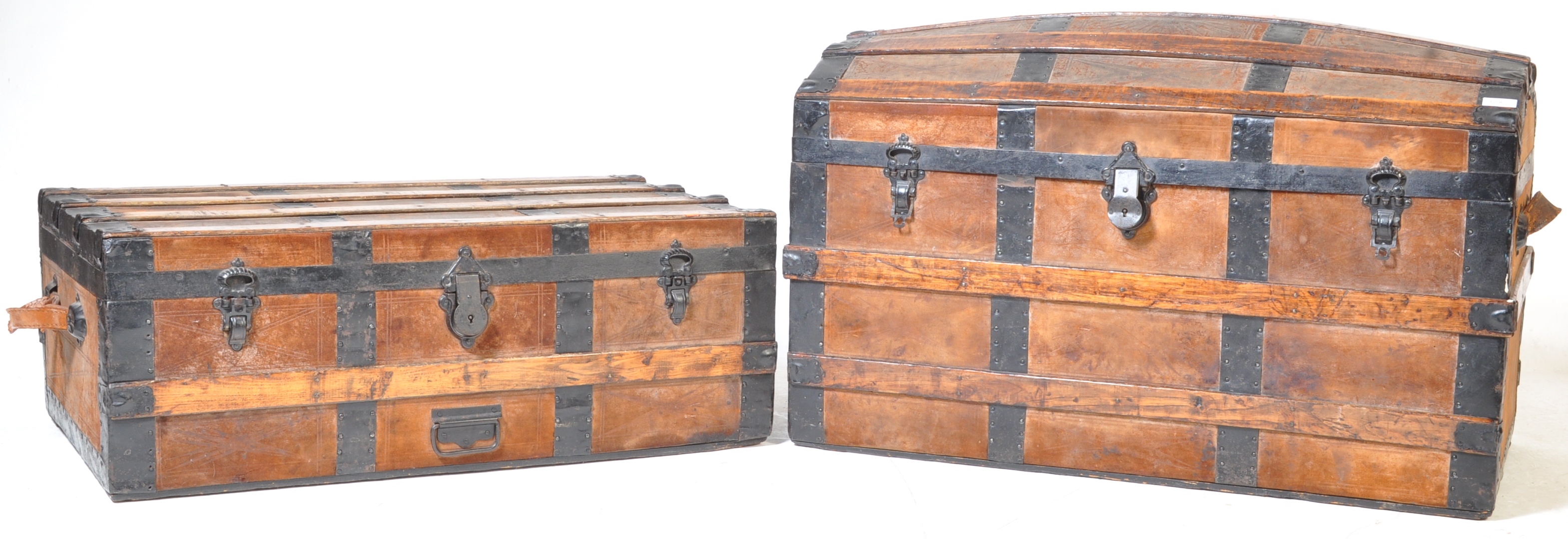 TWO EARLY 20TH CENTURY WOODEN TRUNKS / SHIPPING TRUNKS