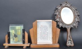 TWO ART DECO PHOTO FRAMES AND BLACK FOREST MIRROR