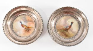 PAIR OF SILVER HALLMARKED ROYAL WORCESTER PHEASANT DISHES