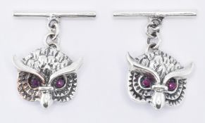 PAIR OF SILVER & RUBY OWL CUFFLINKS