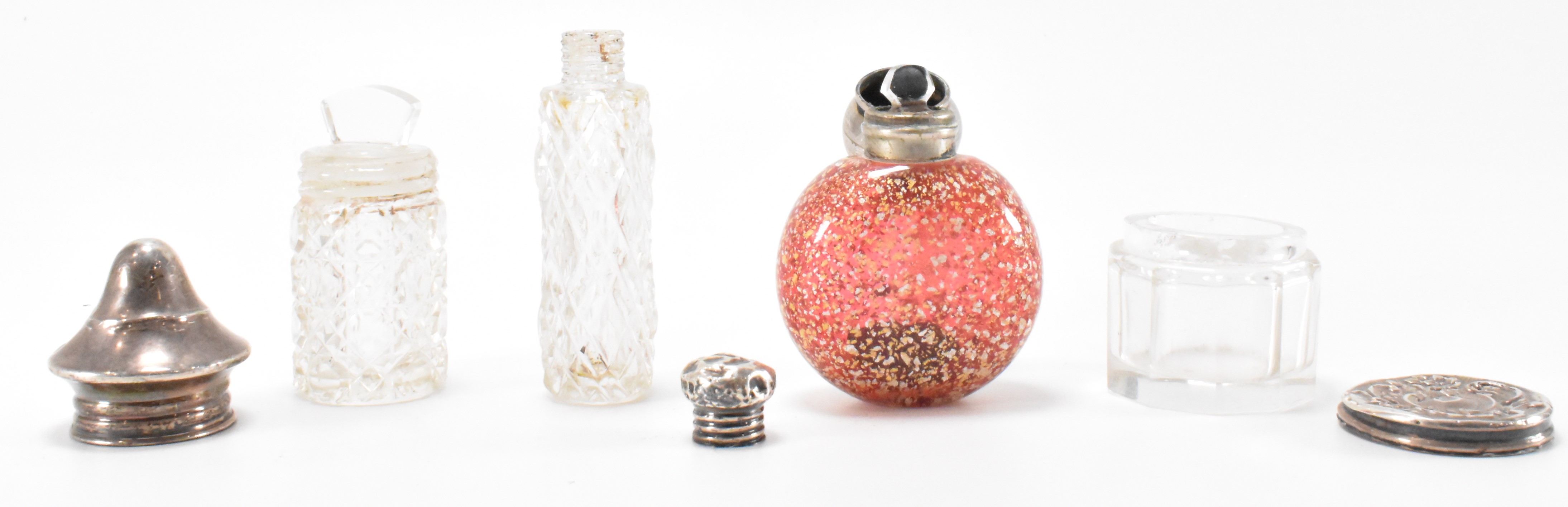 THREE SILVER TOPPED DRESSING TABLE POTS & CRANBERY GLASS BOTTLE - Image 5 of 6