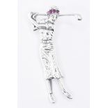 SILVER & RUBY GOLFER WOMAN BROOCH