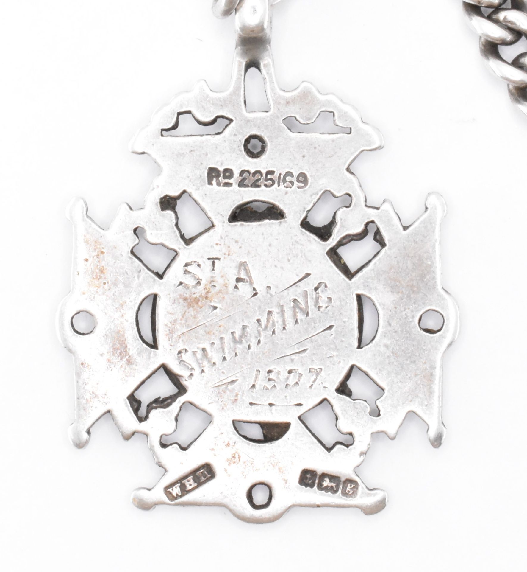EDWARDIAN SILVER POCKET WATCH CHAIN WITH VESTA & MEDAL - Image 9 of 12