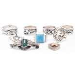 ASSORTMENT OF SILVER RINGS & MARCASITE SET BROOCH