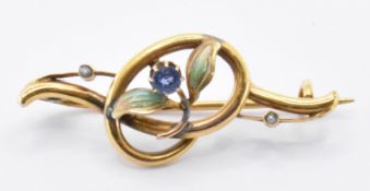 VICTORIAN 9CT GOLD & SAPPHIRE ENAMELLED FLORAL BROOCH