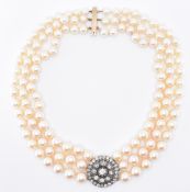 THREE ROW PEARL & DIAMOND COLLAR NECKLACE