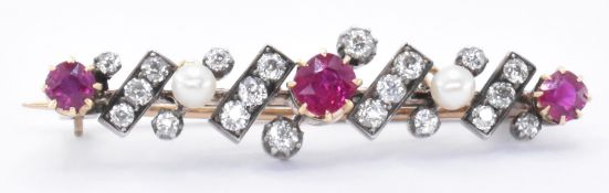 1920'S GOLD DIAMOND RUBY & PEARL BAR BROOCH