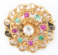 GOLD DIAMOND EMERALD & RUBY FILIGREE BROOCH