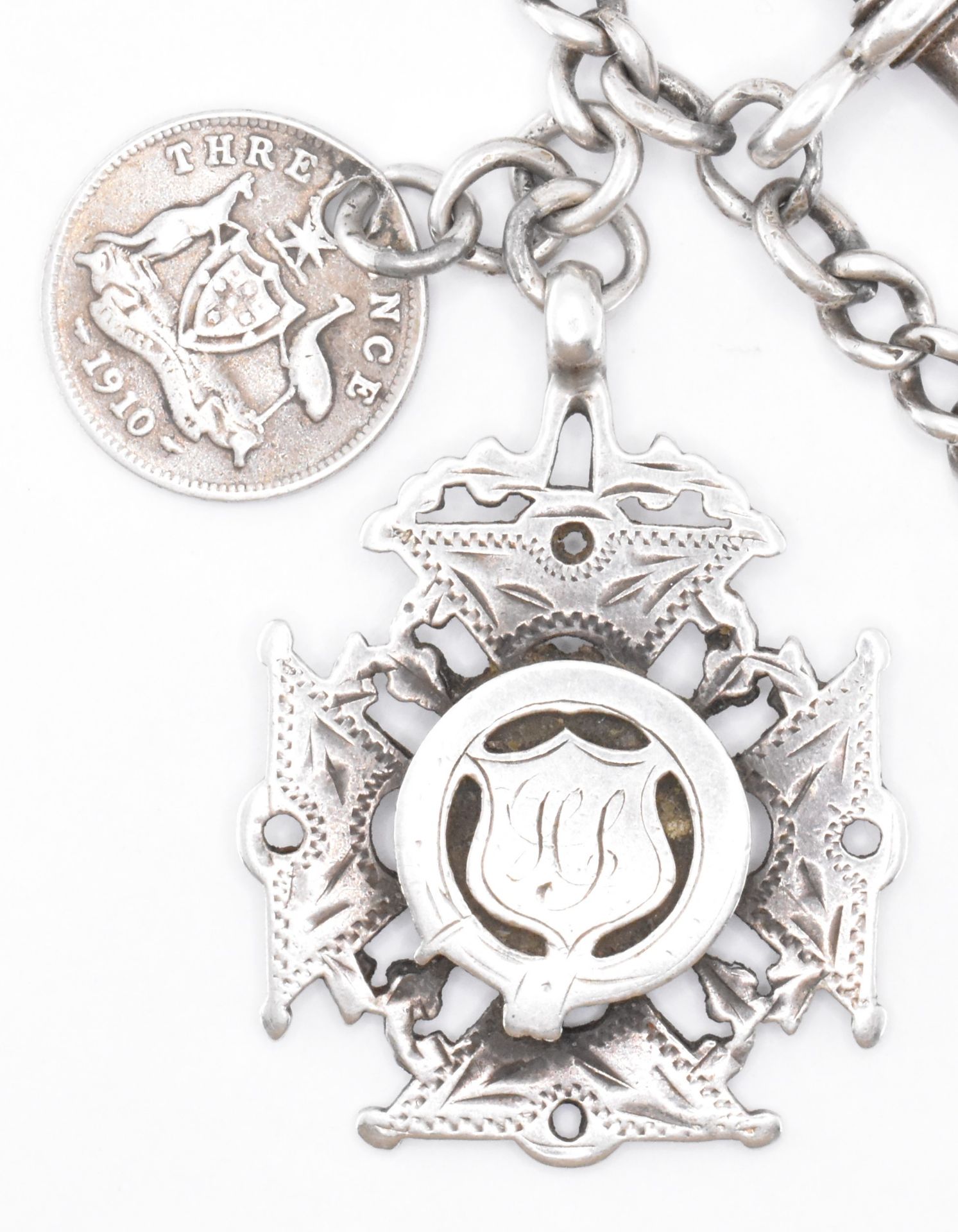 EDWARDIAN SILVER POCKET WATCH CHAIN WITH VESTA & MEDAL - Image 2 of 12