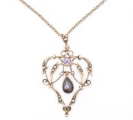 EDWARDIAN 9CT GOLD AMETHYST & PEARL PENDANT NECKLACE