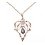 EDWARDIAN 9CT GOLD AMETHYST & PEARL PENDANT NECKLACE