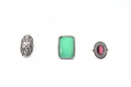 THREE SILVER MARCASITE & GEMSTONE RINGS