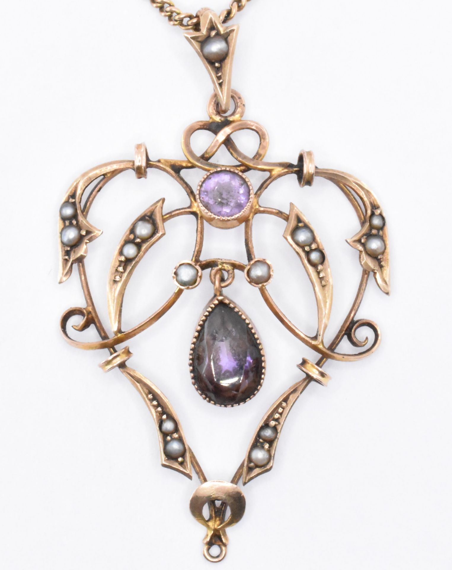 EDWARDIAN 9CT GOLD AMETHYST & PEARL PENDANT NECKLACE - Image 2 of 5