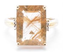 HALLMARKED 9CT GOLD RUTILATED QUARTZ & DIAMOND RING