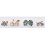 FOUR PAIRS OF 9CT GOLD STUD EARRINGS INCLUDING EMERALD