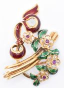 FRENCH 18CT GOLD DIAMOND RUBY & ENAMEL BROOCH