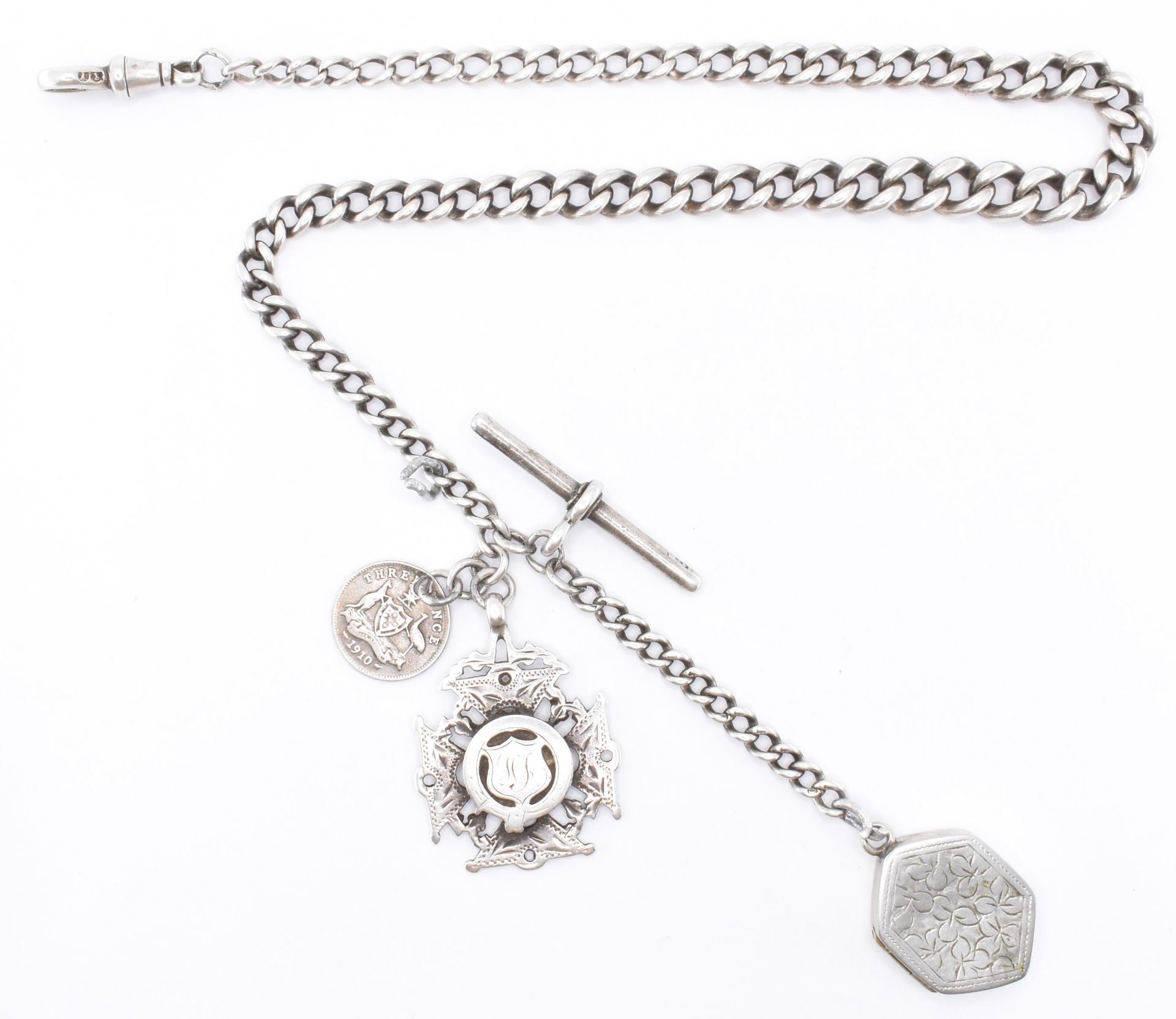 EDWARDIAN SILVER POCKET WATCH CHAIN WITH VESTA & MEDAL