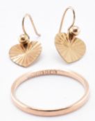 9CT GOLD BAND RING & HEART EARRINGS