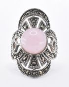 ART DECO STYLE MARCASITE & ROSE QUARTZ PANEL RING