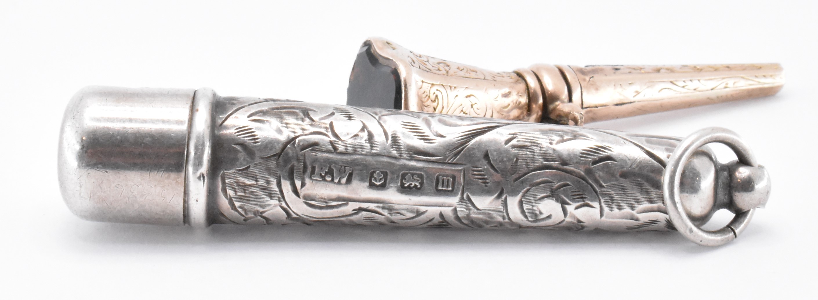 EDWARDIAN SILVER CHEROOT HOLDER & GOLD PLATED KEY FOB - Image 3 of 4