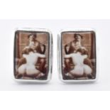 PAIR OF SILVER & ENAMELLED RISQUE CUFFLINKS