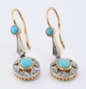 PAIR OF VICTORIAN GOLD TURQUOISE AND DIAMOND DROP EARRINGS