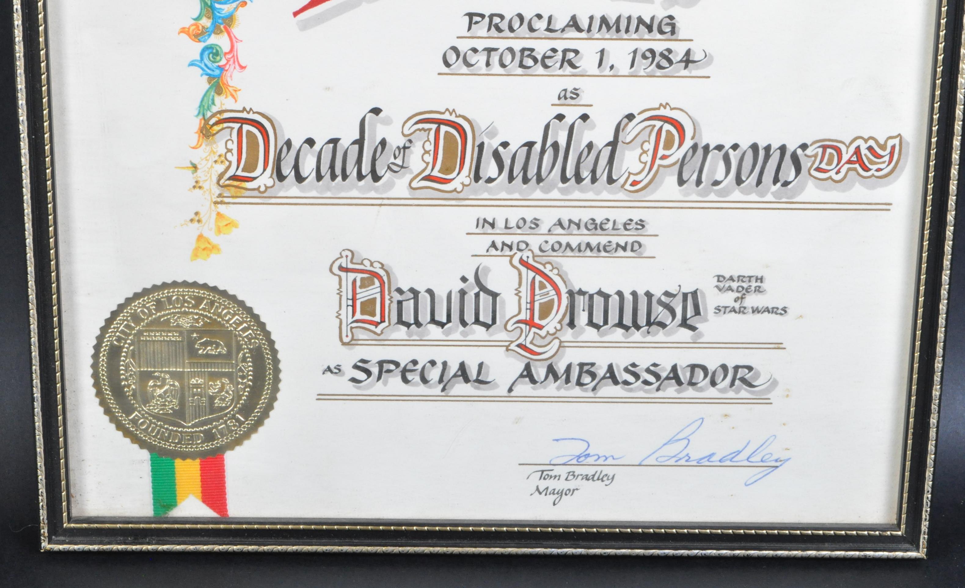 ESTATE OF DAVE PROWSE - DECADE OF DISABLED PERSON'S AMBASSADOR CERTIFICATE - Image 4 of 7