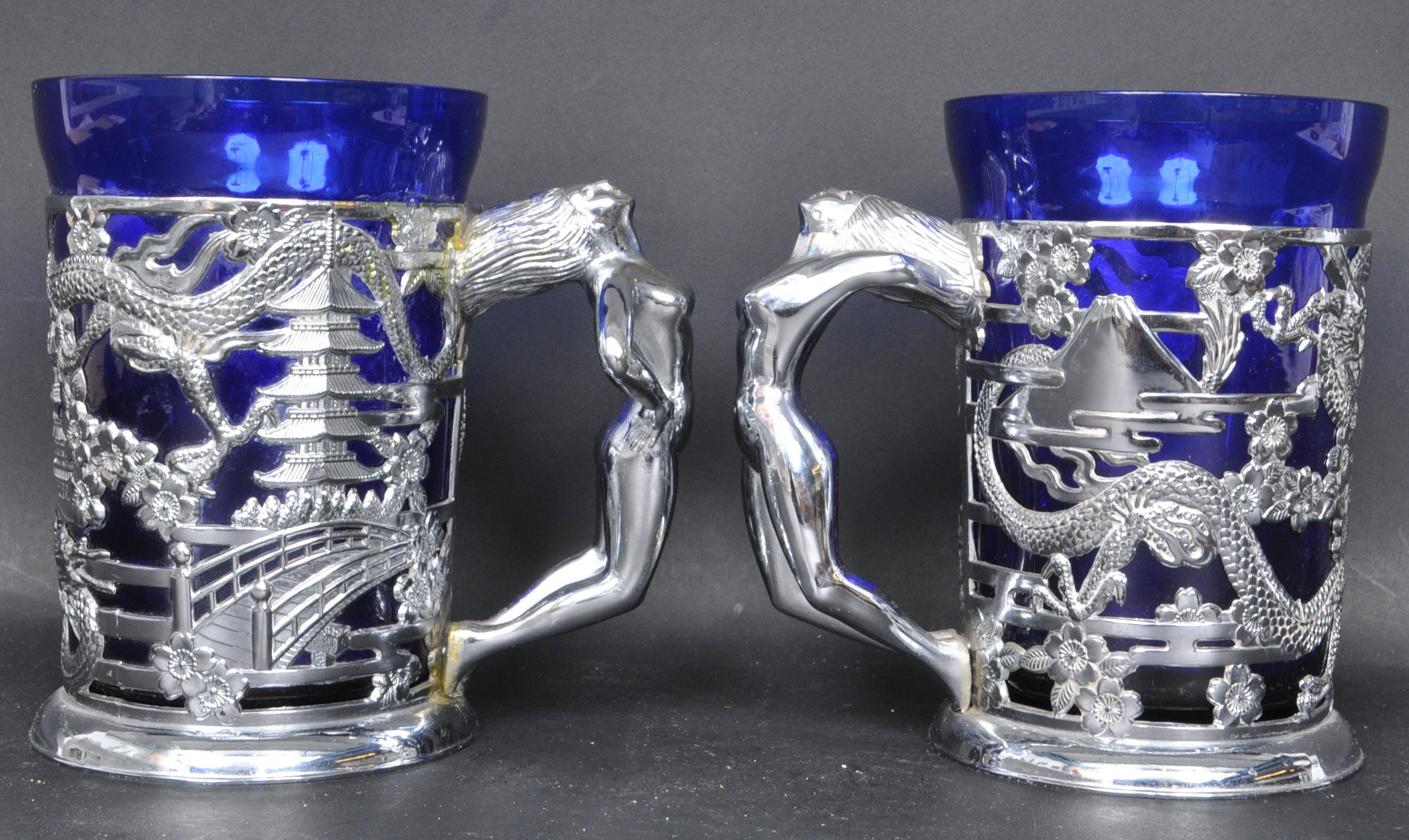 PAIR OF VINTAGE HONG KONG WHITE METAL AND GLASS GOBLETS - Image 3 of 6