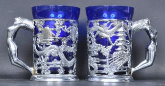 PAIR OF VINTAGE HONG KONG WHITE METAL AND GLASS GOBLETS