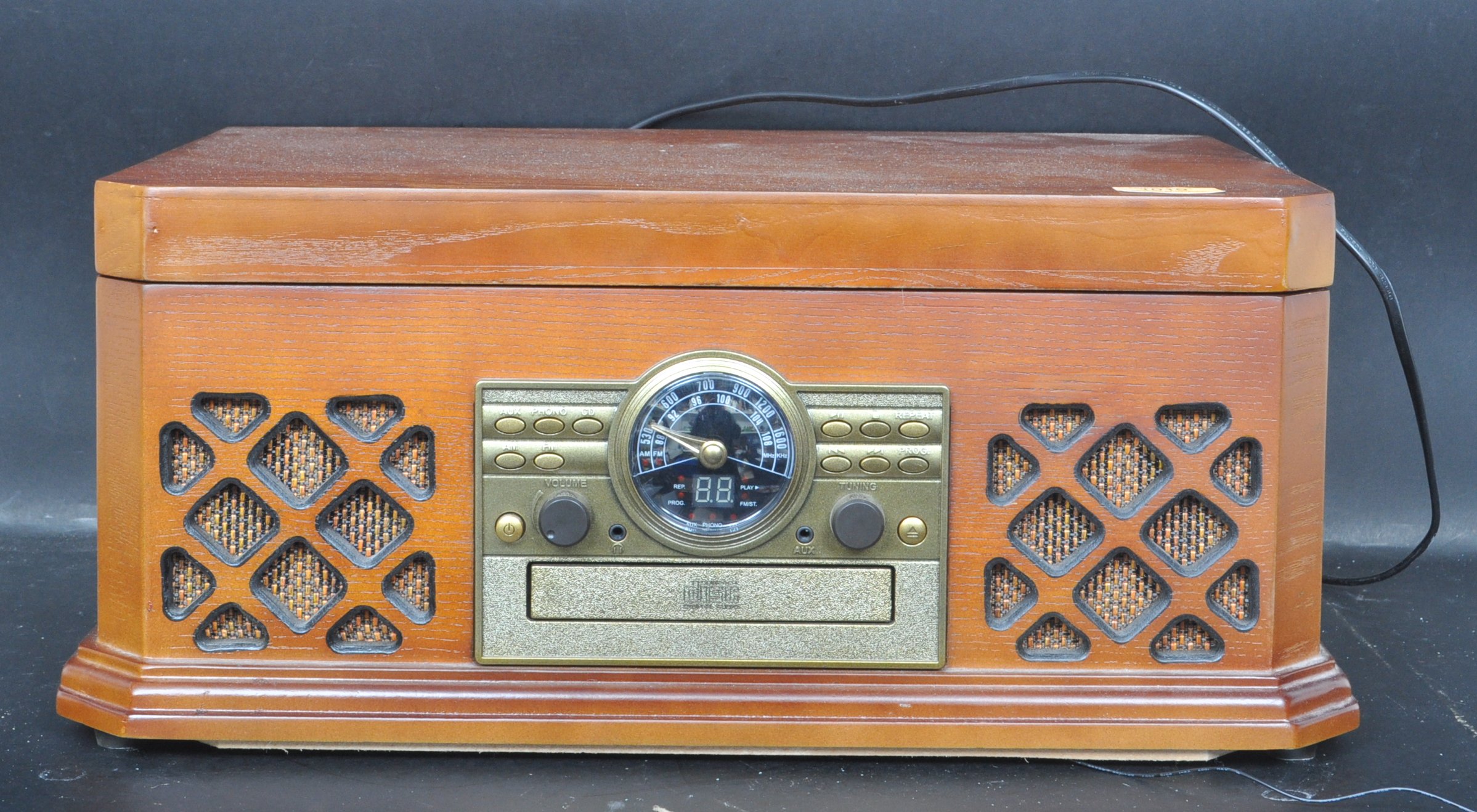 A contemporary vintage revival wooden cased hi-fi stereo system having decorative facia dials with - Image 2 of 7