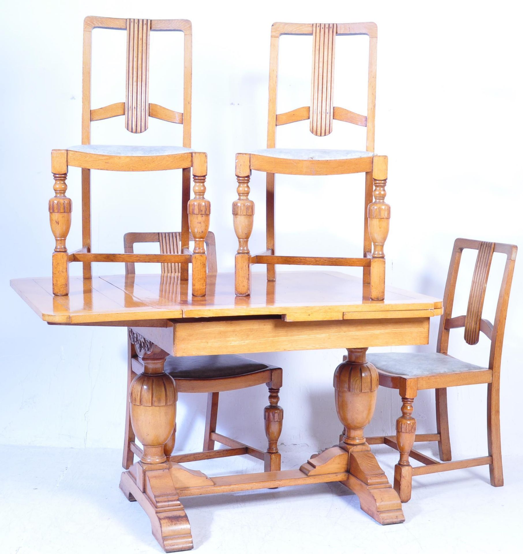 1930’S ART DECO DRAW LEAF DINING TABLE AND FOUR CHAIRS