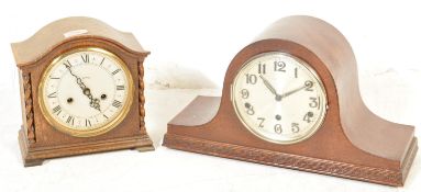 EARLY 20TH CENTURY OAK MANTEL CLOCK TOGETHER WITH ANOTHER