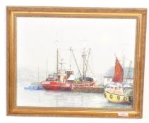 OIL ON BOARD PAINTING - FISHING CRAFT AT FLYMOUTH BY JACK RIGG 1982