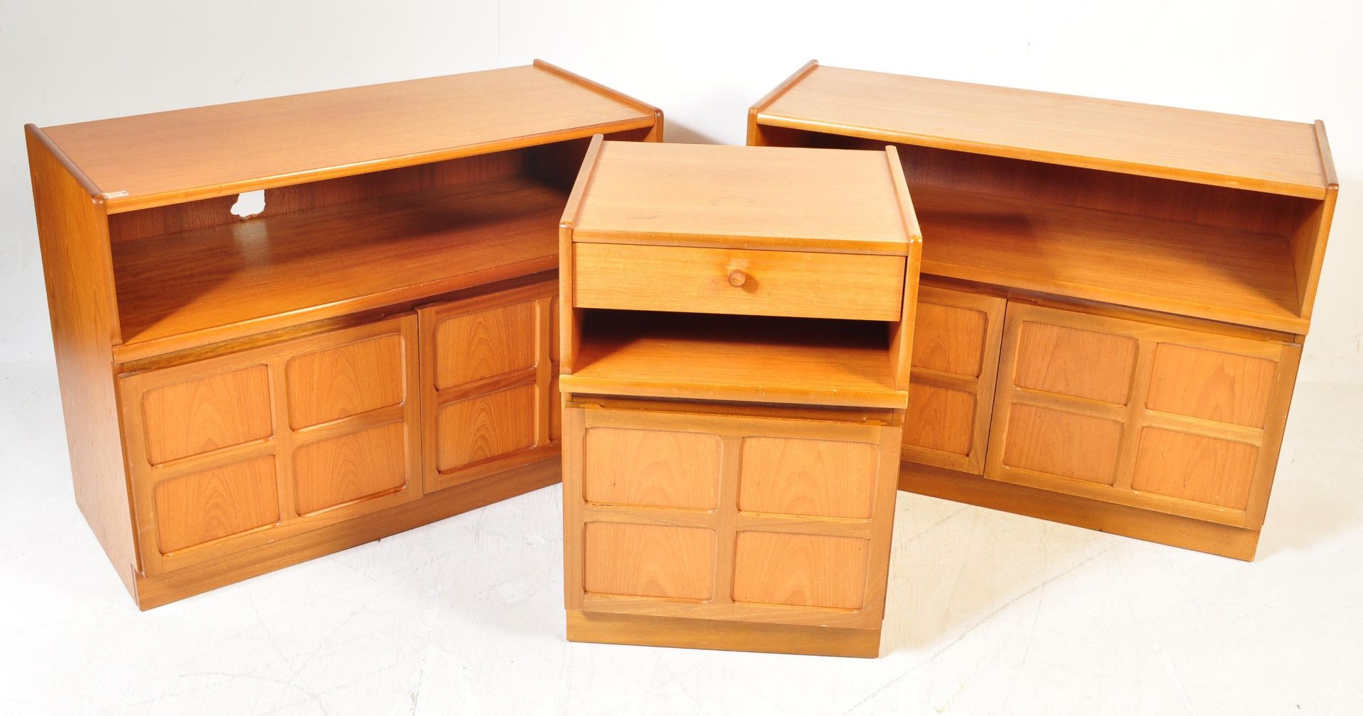 TWO TEAK WOOD LOW ENTERTAINMENT CABINETS AND BEDSIDE CABINET BY NATHAN - Image 2 of 13