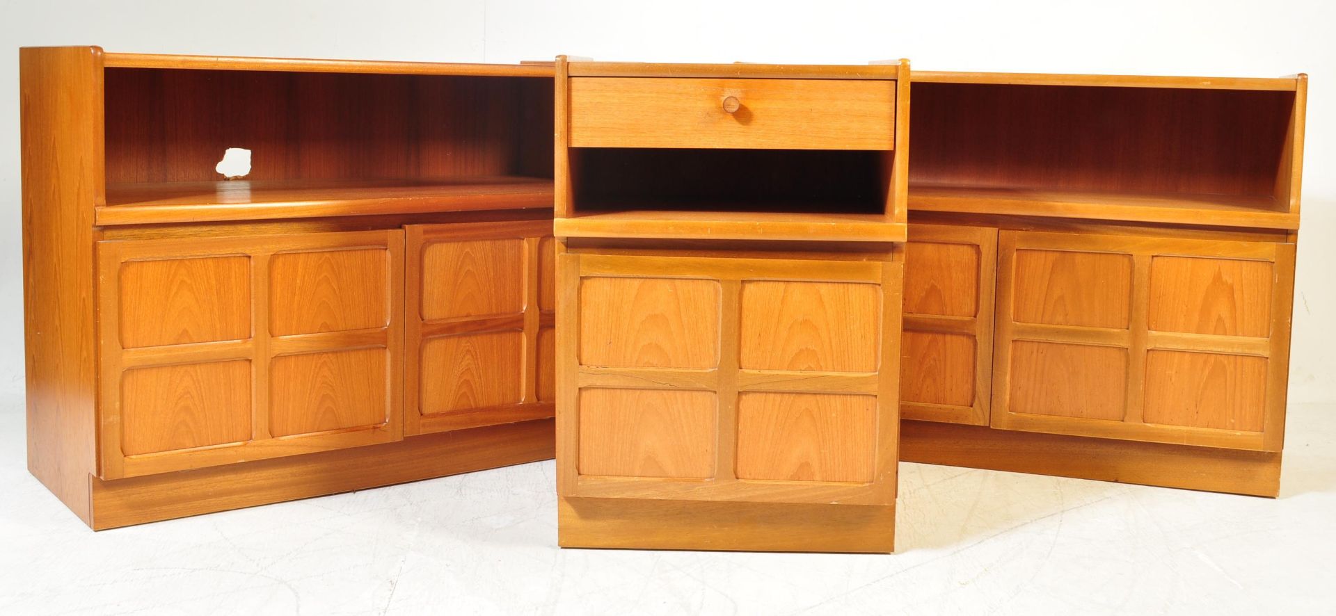 TWO TEAK WOOD LOW ENTERTAINMENT CABINETS AND BEDSIDE CABINET BY NATHAN