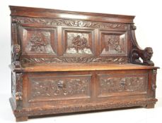 19TH CENTURY VICTORIAN CARVED OAK COFFER / SETTLE / HALL BENCH