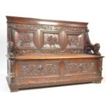 19TH CENTURY VICTORIAN CARVED OAK COFFER / SETTLE / HALL BENCH