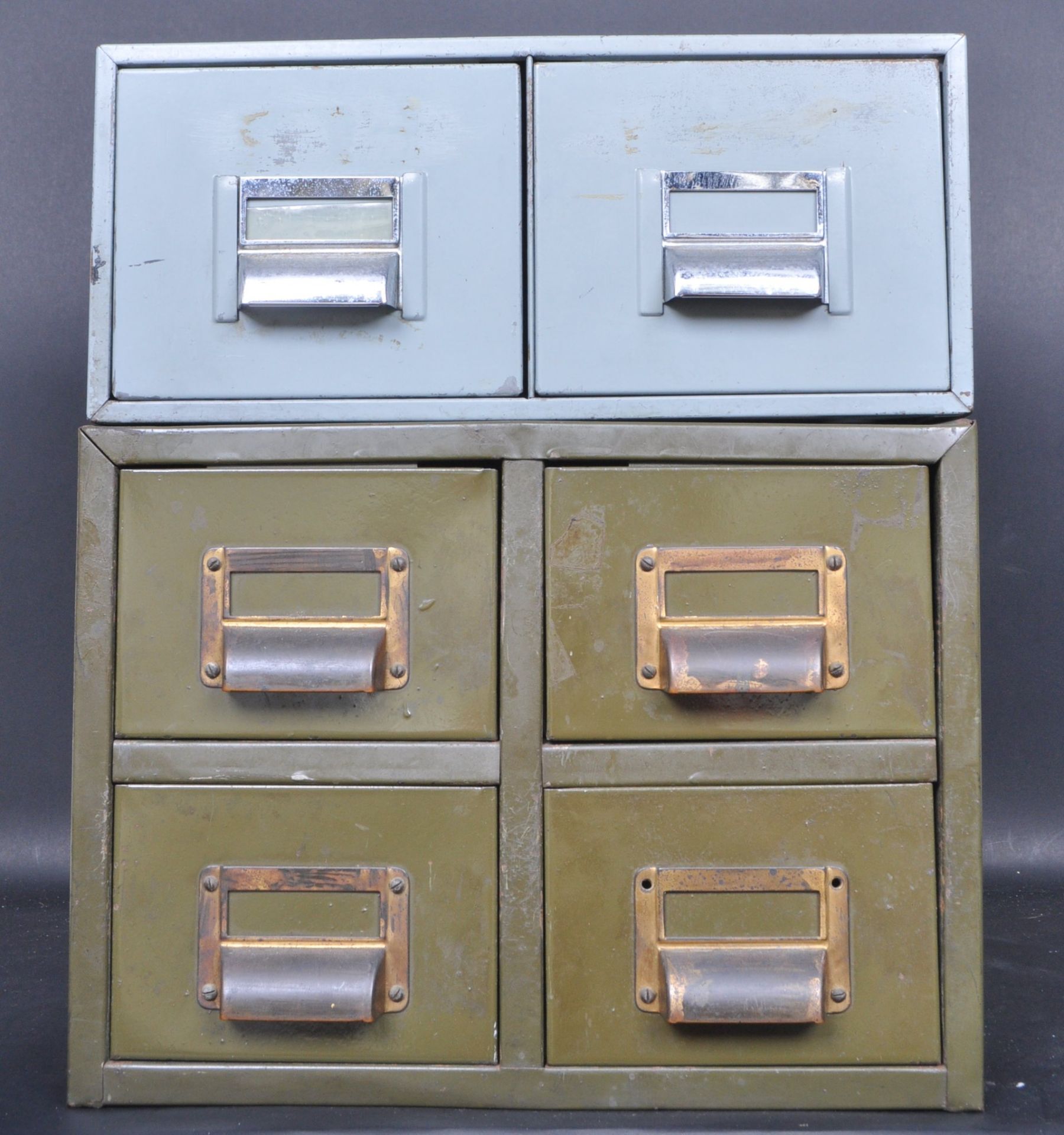 TWO MID CENTURY DESKTOP METAL FILING CABINETS