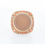 DANISH 18CT GOLD MOONSTONE & CORAL COCKTAIL RING.