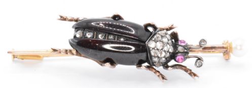 FRENCH GARNET & DIAMOND INSECT BROOCH