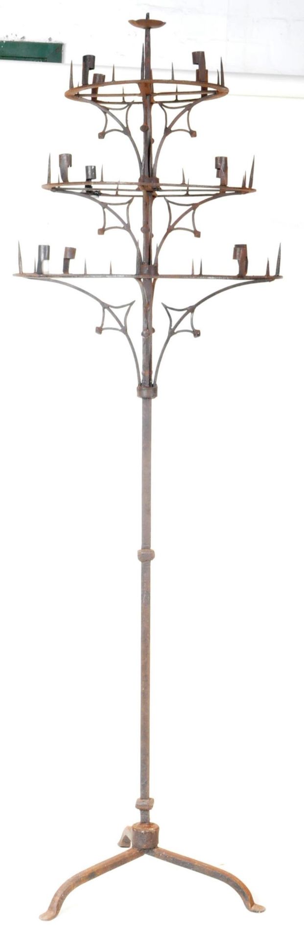 LARGE 20TH CENTURY GOTHIC WROUGHT IRON THREE-TIER CANDELABRUM